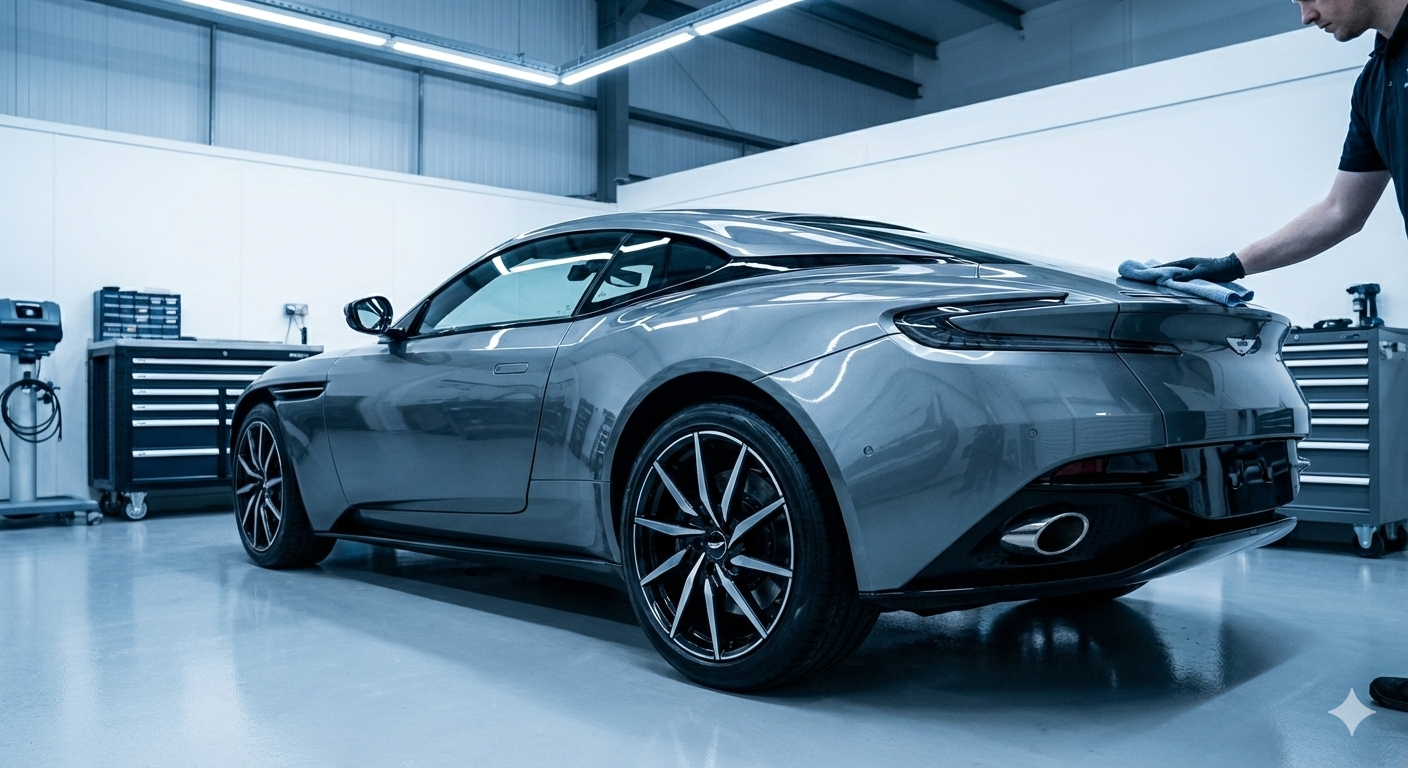 Technician performing professional paint correction on a car